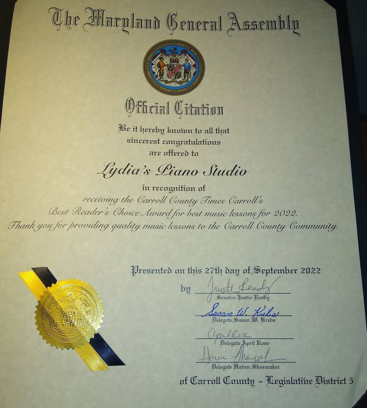 Best in Music Lessons Maryland award